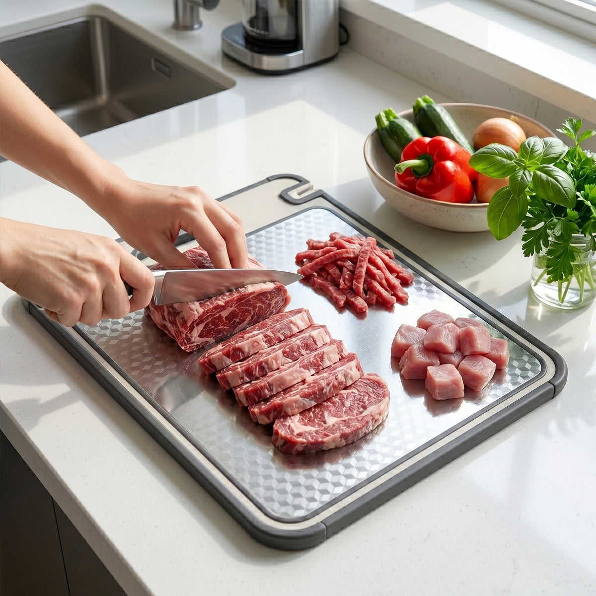 Double-Sided 304 Stainless Steel & Wheat Straw Cutting Board