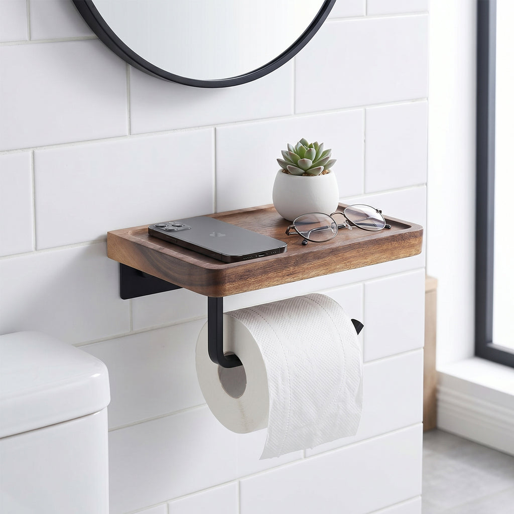 Wooden Toilet Paper Holder with Shelf