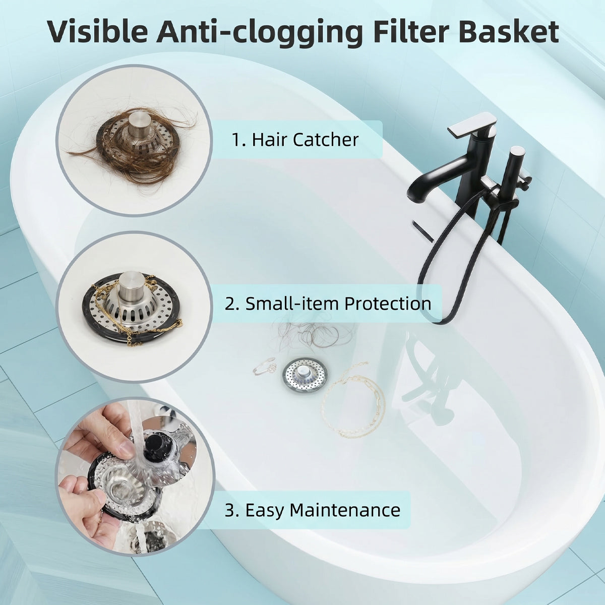 Bathtub Drain Stopper with Visible Top Hair Catcher