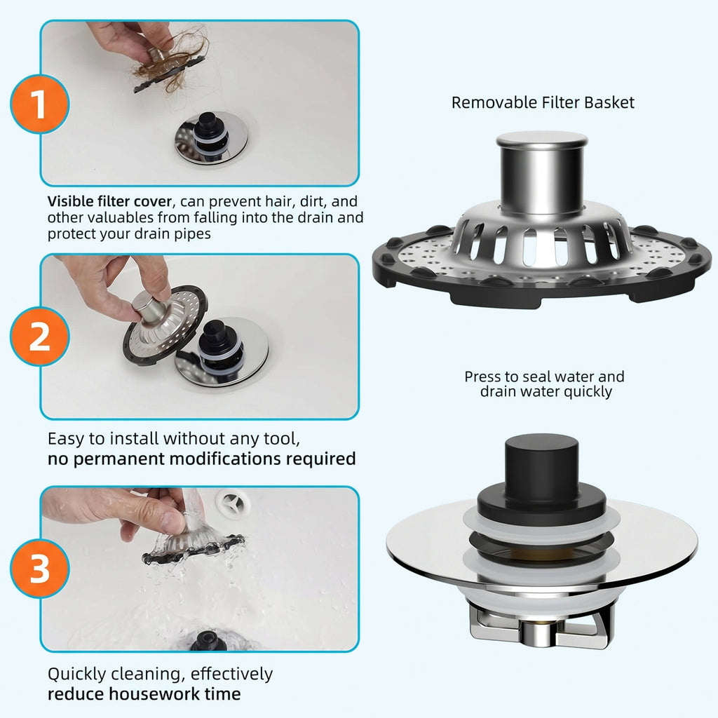 Bathtub Drain Stopper with Visible Top Hair Catcher