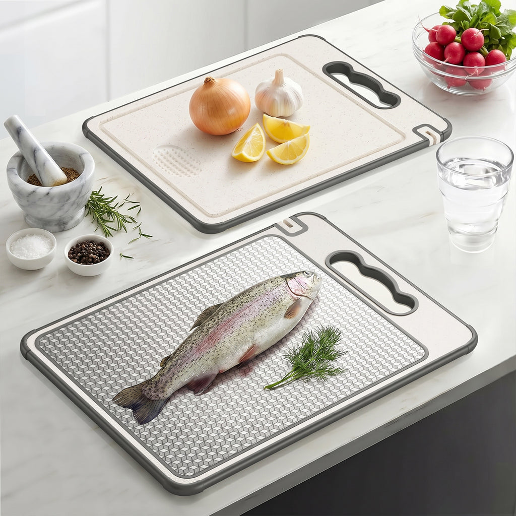 Double-Sided 304 Stainless Steel & Wheat Straw Cutting Board