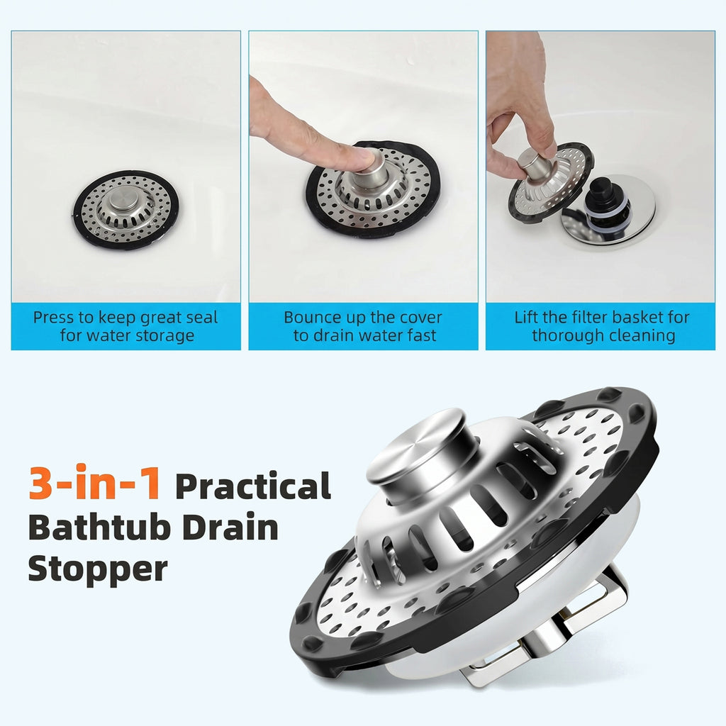 Bathtub Drain Stopper with Visible Top Hair Catcher
