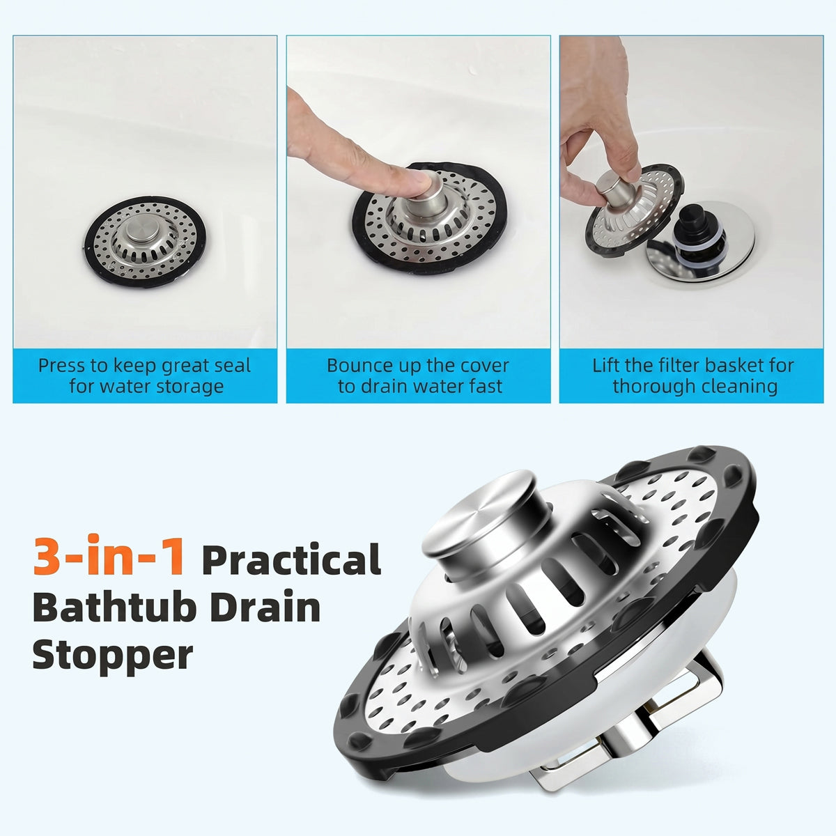 Bathtub Drain Stopper with Visible Top Hair Catcher