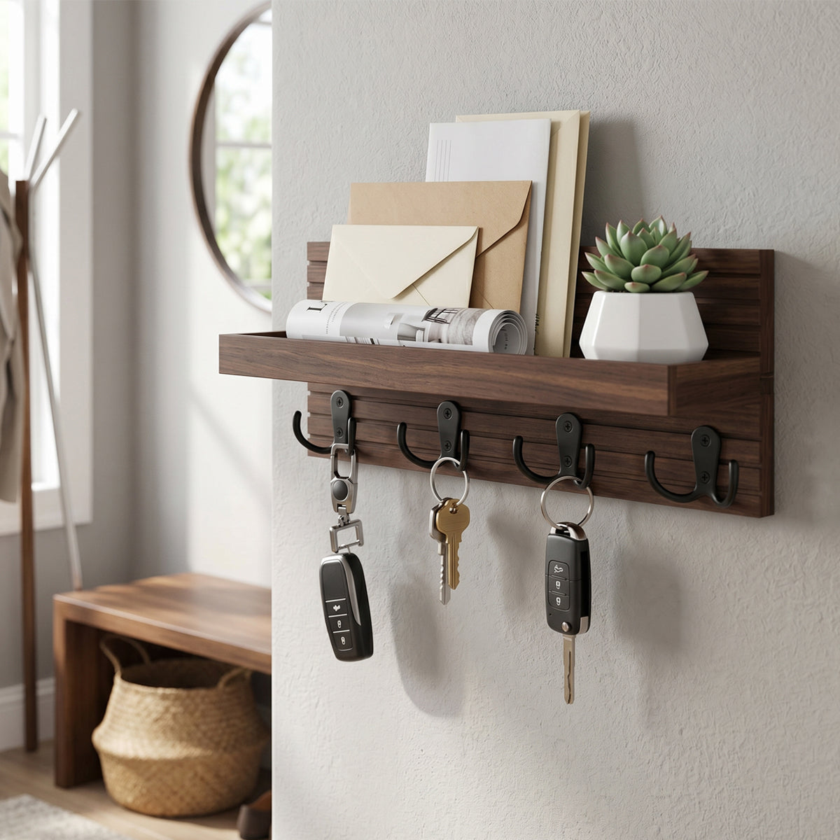 Wooden Wall Key & Mail Holder