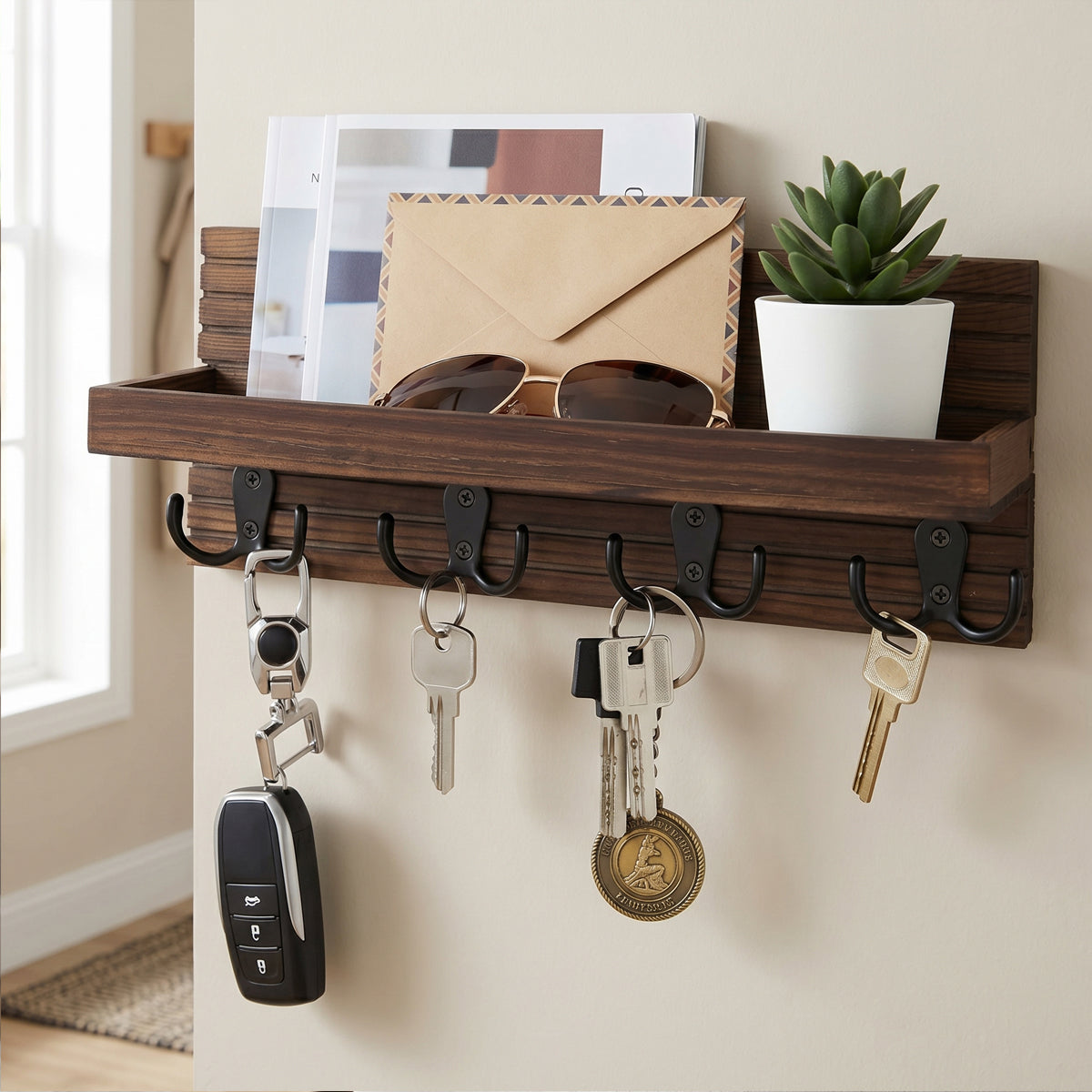 Wooden Wall Key & Mail Holder