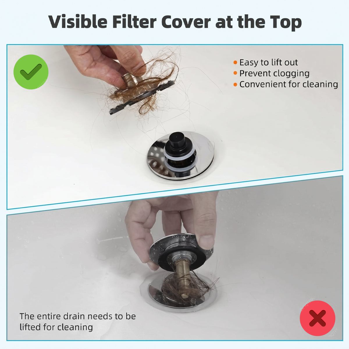 Bathtub Drain Stopper with Visible Top Hair Catcher