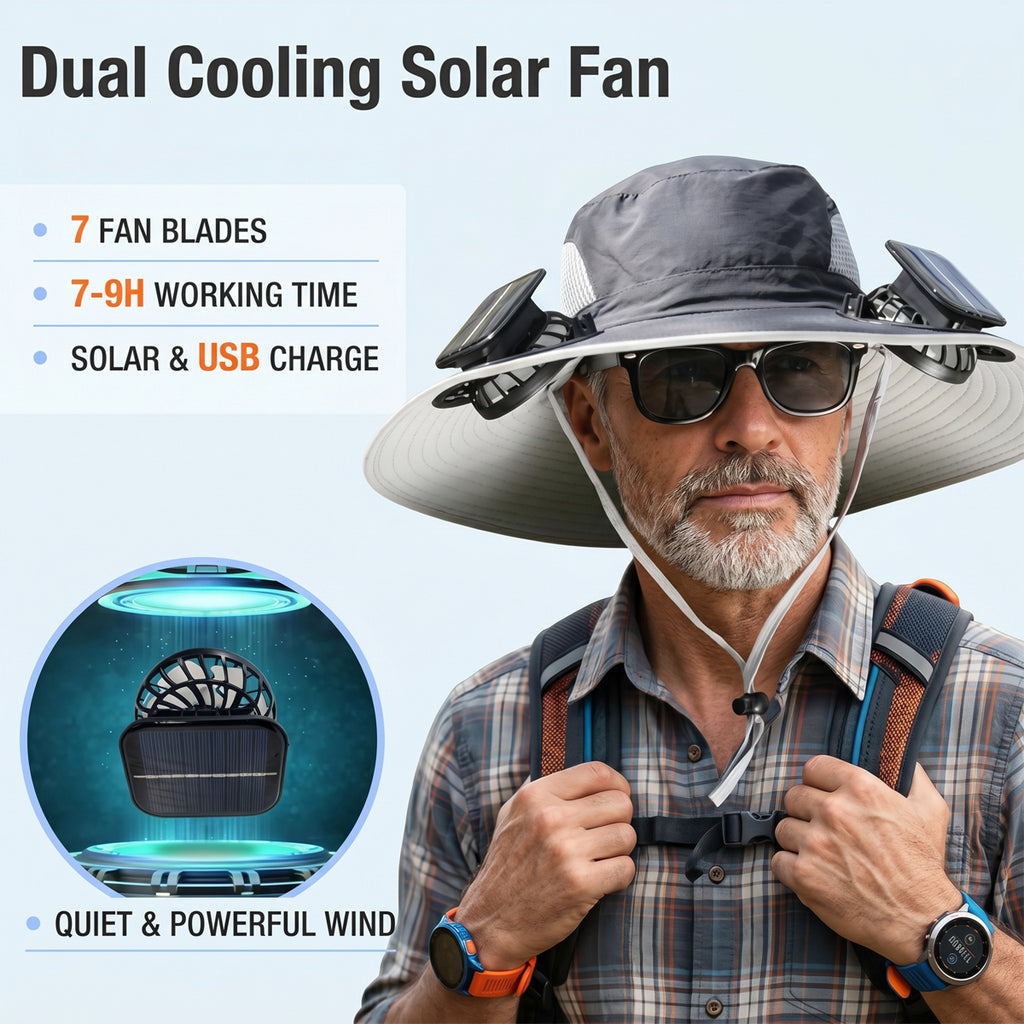 Wide Brim Sun Hat with Dual Solar Fans