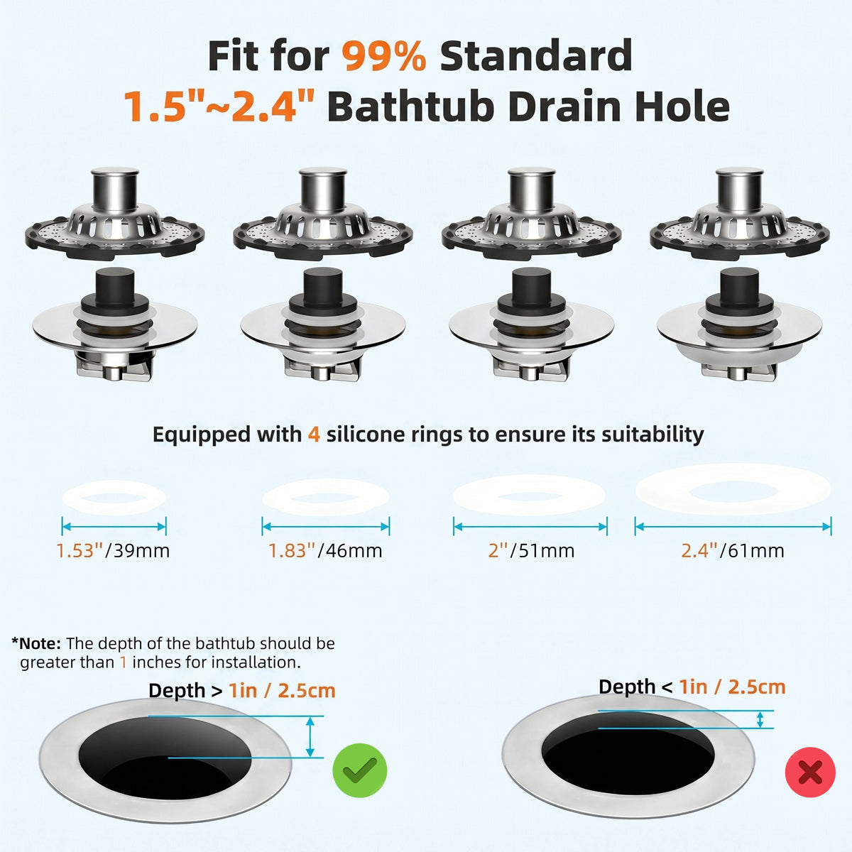 Bathtub Drain Stopper with Visible Top Hair Catcher