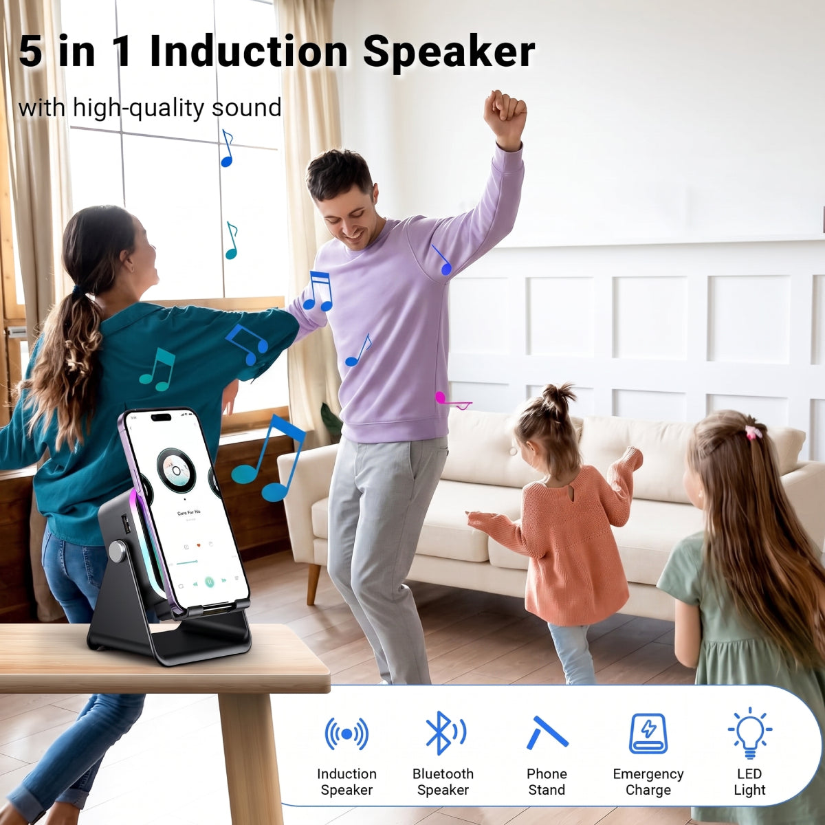 5-in-1 Wireless Induction Speaker with Phone Stand