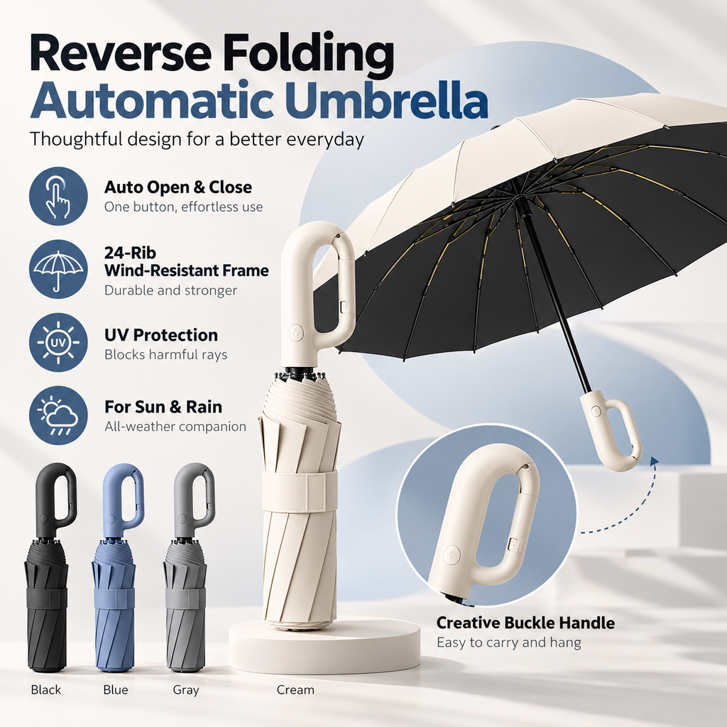 Automatic Folding Umbrella with Carabiner Handle