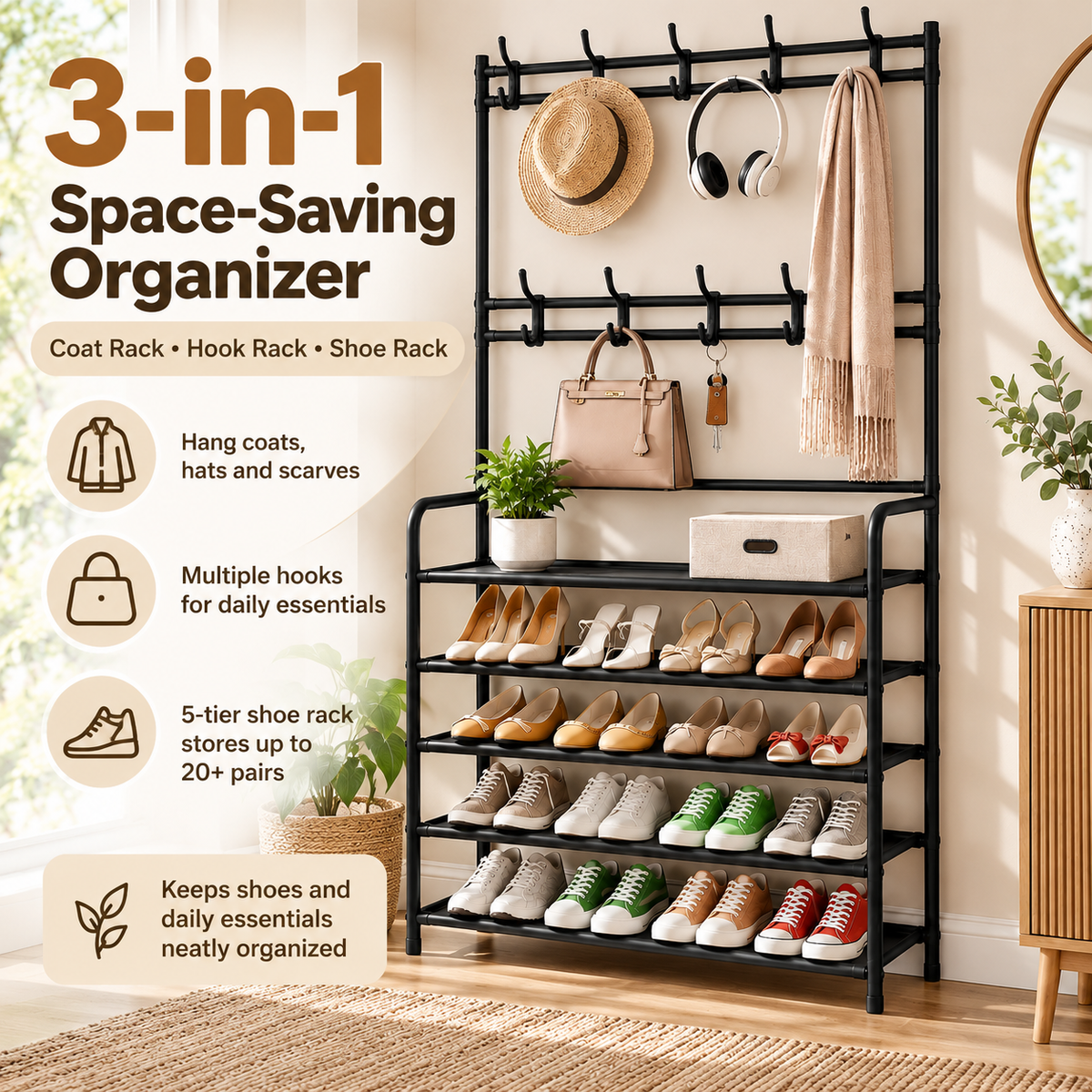 3-in-1 Entryway Coat & Shoe Rack