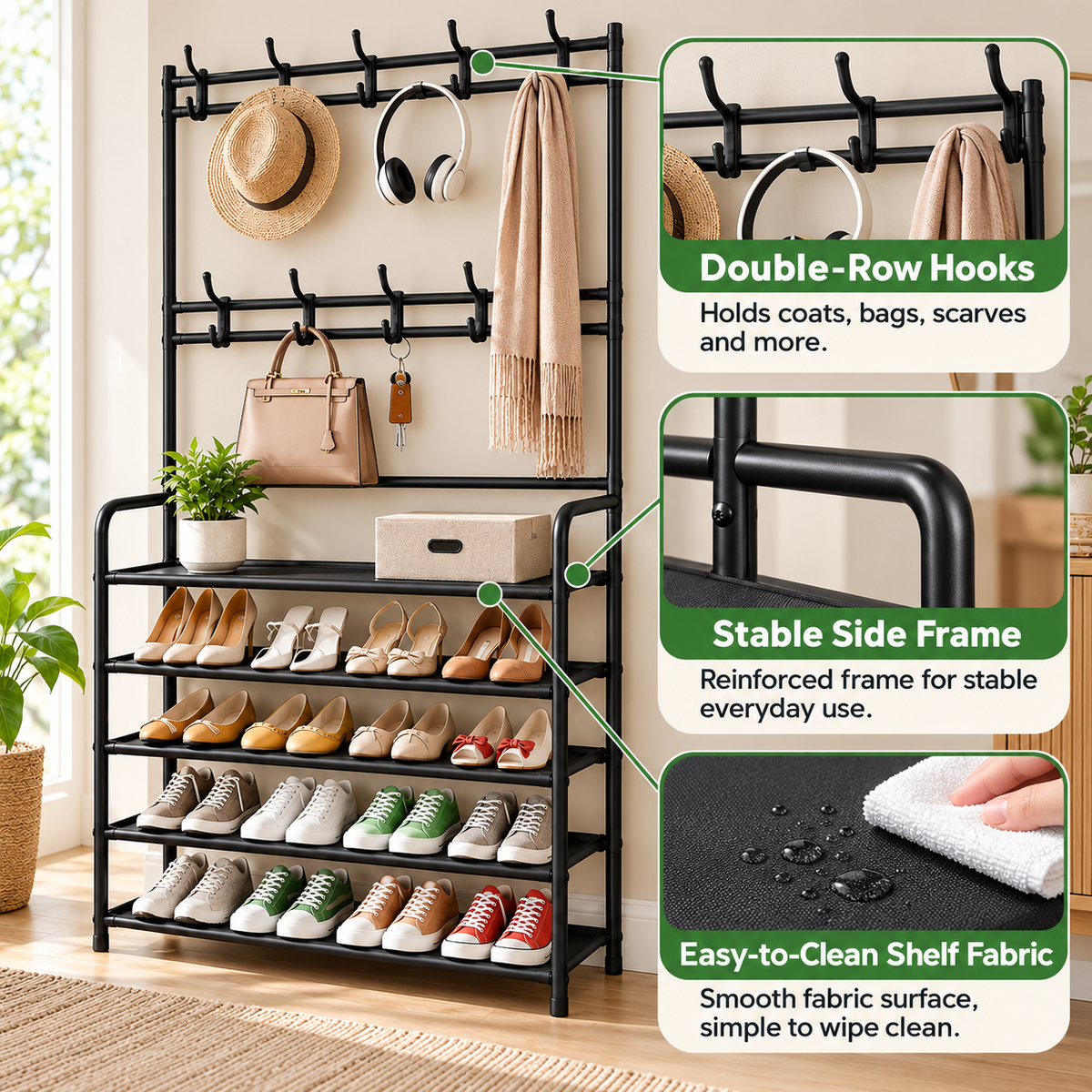 3-in-1 Entryway Coat & Shoe Rack